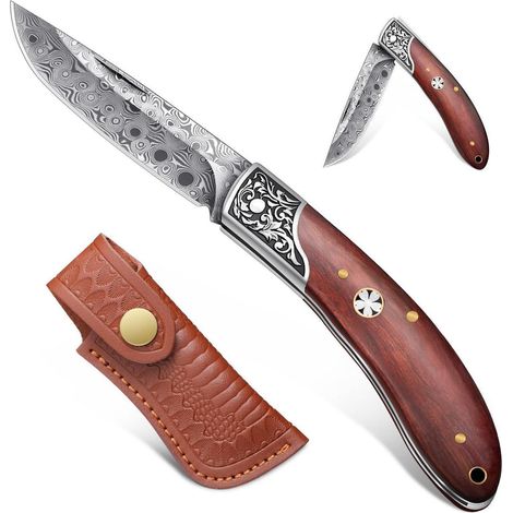 Taschenmesser Damast mit Birnenholzgriff, inkl. Lederscheide, 7cm Klinge