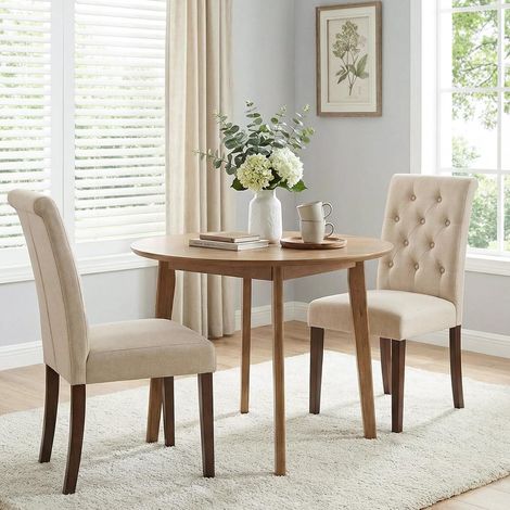 Esszimmerstühle 2er Set, Knopfheftung, Chesterfield Stil, Massivholzbeine, Beige, Leinen (1/5)