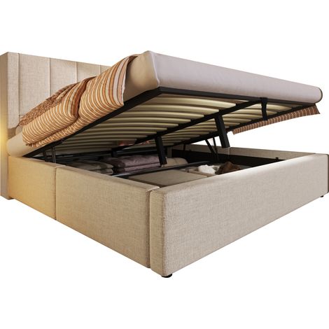 CHICFURN Cama con almacenaje 160x200 cm tapizada en tela beige, cama doble con somier, estación de carga USB y USB-C, portavasos ocultos y apertura hidráulica (1/5)