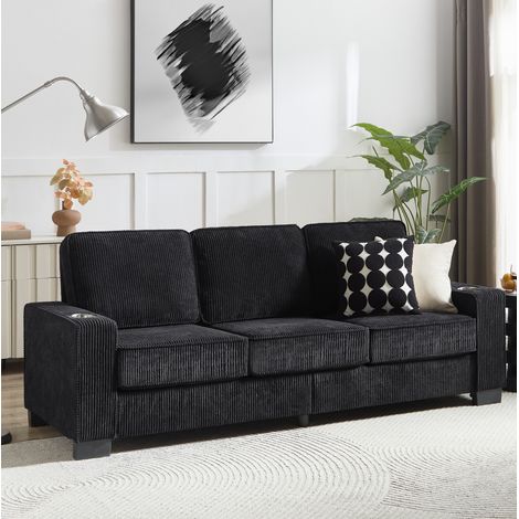 Canapé 206 cm noir en velours côtelé avec porte-gobelets, design moderne et confort ergonomique (1/5)