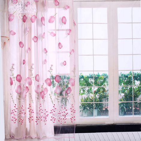 Zerodis Transparente Tüll-Fenstervorhänge mit farbenfrohem Tulpenmuster für Balkon, Wohnzimmer, Schlafzimmer, Küche (Rosa)