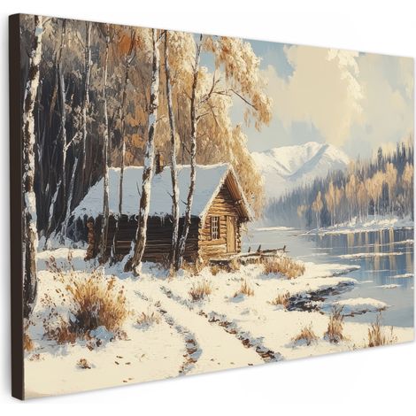 TABLEAU SUR TOILE Hiver - Neige - Maison - Nature Tableau Cuisine Décoration murale 90x60 cm