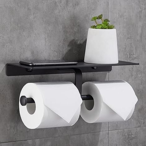 Toilettenpapierhalter ohne Bohren mit Handyablage, Wandmontage, Doppel-Toilettenpapierhalter fürs Badezimmer (Schwarz) (1/5)