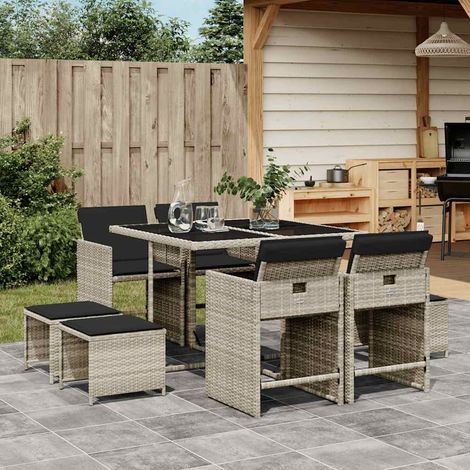 9-tlg. Garten-Essgruppe mit Kissen Hellgrau Poly Rattan