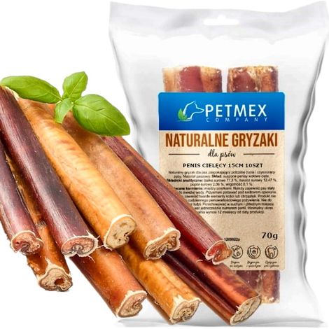 Golosina masticable natural para perros Petmex, penes de ternera deshidratados de 15 cm, 10 unidades