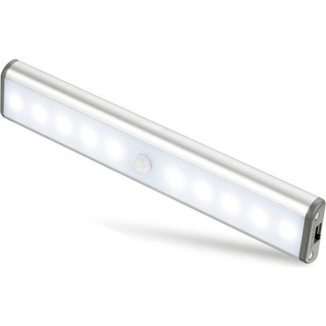 Lampes 10 LED, Sans Fil, Rechargeable par USB, Aimanté, Détecteur de Mouvement, Portable. Lumière de Placard, Baladeuse de Secours, Veilleuse Enfant, Appoint,Argent