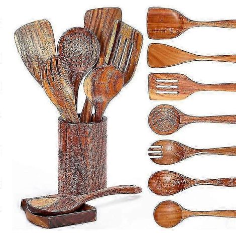 Ensemble de cuillères en bois pour la cuisine - 9 ustensiles en teck avec support pour la cuisine (1/3)