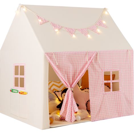 Tente de Jeux Enfant avec Guirlandes Lumineuses Étoiles & Drapeau, Cabane Enfant Interieure Style Princesse pour 3 Enfants de 3-8 Ans, Rose (1/5)