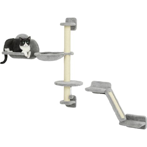 PawHut juego de pared de escalada para gatos de 3 piezas, estanterías de pared con hamaca, rampa con rascador, plataforma en forma de nube, gris (1/5)
