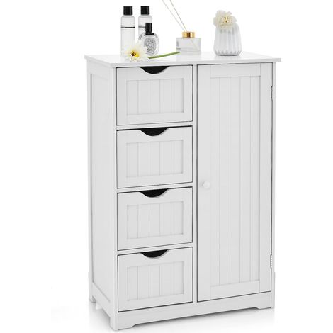 COSTWAY Mobiletto da Pavimento per Bagno con 4 Cassetti e 1 Anta, Mobile Multiuso con Ripiano Regolabile, Mobile da Terra in Legno per Soggiorno, Bagno, 56 x 30 x 82 cm (Bianco) (1/5)