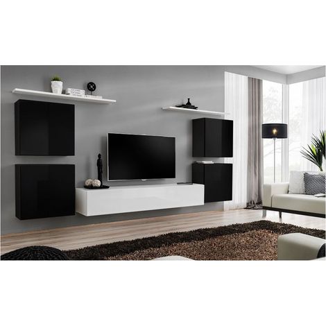 Ensemble meuble TV mural  - Switch IV - 320 cm  x 150 cm x 40 cm - Noir et blanc - Livraison gratuite