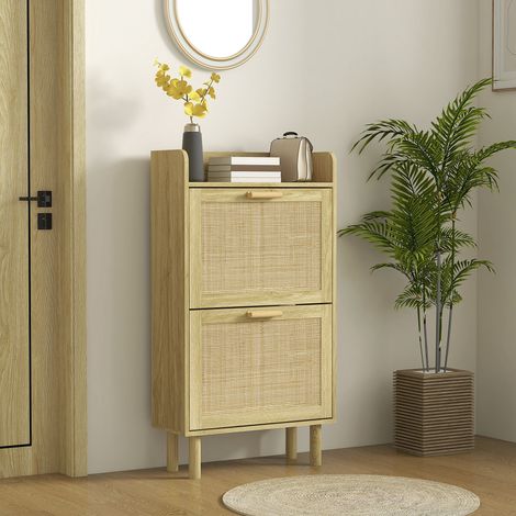 Scarpiera in stile bohémien con 2 cassetti a ribalta e 1 ripiano aperto per 18 paia di scarpe, 80x24,5x110 cm, rovere.