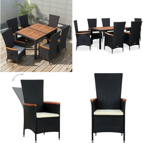 Set da Pranzo da Giardino 7 pz in Polyrattan e Acacia Nero - Tavolo da pranzo esterno - Sedie da giardino