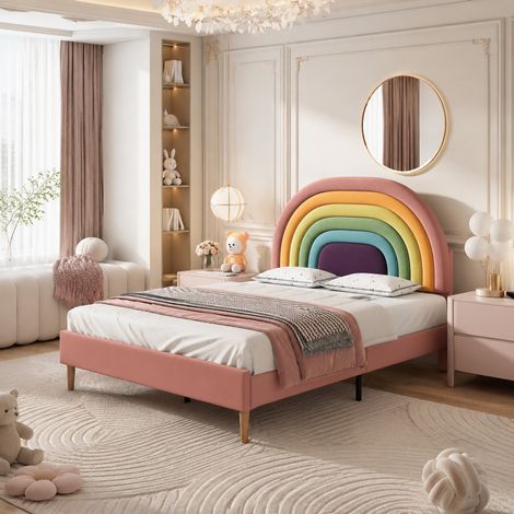 Letto imbottito per adulti 140x200 cm, con rete a doghe e testiera regolabile, in velluto rosa, senza materasso (1/5)