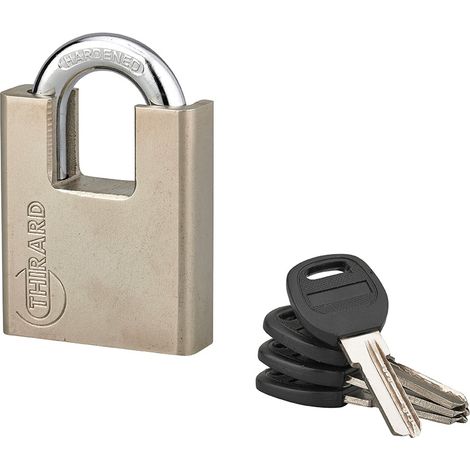 Lucchetto a chiave Quadra, guardia alta in acciaio, 60mm, arco temprato nichelato, 4 chiavi reversibili - THIRARD