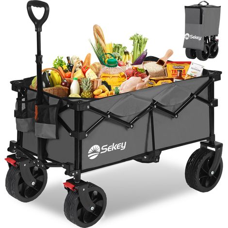 Sekey 150KG Bollerwagen Faltbar Handwagen mit Bremsen und breiten Reifen, 4-fach zusammenklappbares Design, Anthrazit