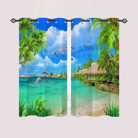 Rideau Occultant Tropical Océan Plage Palmier Rideau Thermique Isolant Draperies Intérieurs Tenture Opaque à Oeillets pour Maison Chambre Salon Fenetre 2 Pièces L 60 x H 120 cm - 60L X 120H cm (2 Pann (1/5)