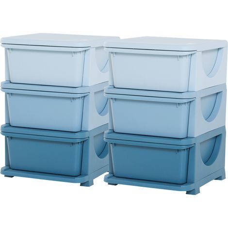 HOMCOM Set 2 Cassettiere a 3 Cassetti in PP Blu 37x37x56.5 cm (1/5)