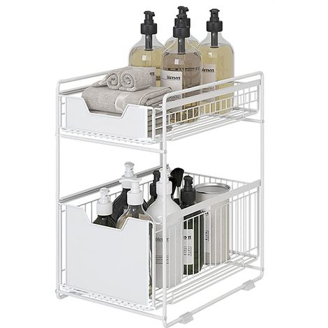 Hofuton Panier de Rangement Coulissant à 2 Niveaux, Tiroir Organisateur, Porte-épices, Panier Coulissant sous Evier, Étagère de Rangement pour Comptoir de Cuisine, Garde-Manger, Bureau, Bureau (Blanc) (1/5)