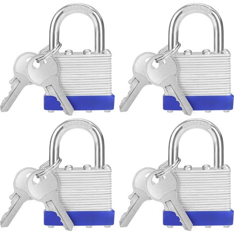 Lucchetto con chiave in acciaio laminato per impieghi gravosi con 2 chiavi (confezione da 4) - Archetto da 6 mm - 6,4 x 4,2 x 2,4 cm - Lucchetto resistente alle intemperie per esterni/interni, garage (1/5)