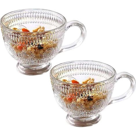 2er Set Kristallglas Kaffeebecher 350ml mit Henkel, Vintage Sonnenblumen Design
