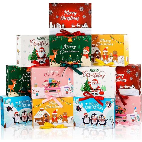 Lot de 12 boîtes cadeaux de Noël avec couvercles, 27 cm x 20 cm x 8 cm, boîtes cadeaux de Noël en papier kraft avec ruban multicolore pour emballage cadeau de Noël (6 styles) (1/5)