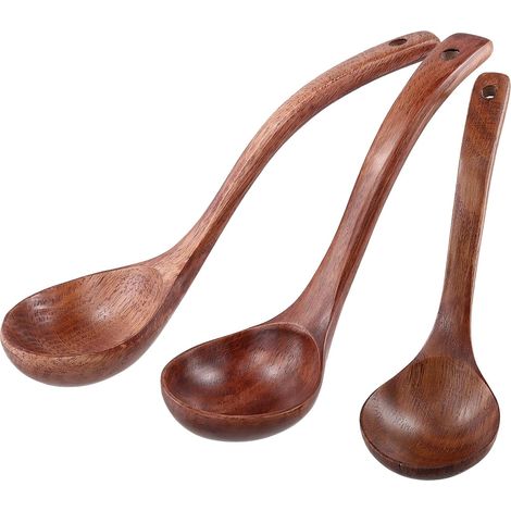 Lot de 3 Louches en Bois - Set Ustensiles Cuisine Naturel - Long Manche pour Soupe et Sauce - 3 Tailles (1/5)