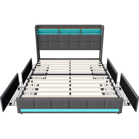 Letto capitonnato 140x200 cm con 4 cassetti - rete a doghe in legno massello, illuminazione LED, testata con porta USB/Type-C, spazi di stoccaggio aperti, lino - Grigio (1/5)