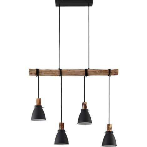 Lindby – Suspension à intensité variable en métal laqué noir – 4 lampes E14 – Abat-jours en bois d'eucalyptus – Pour salon et salle à manger