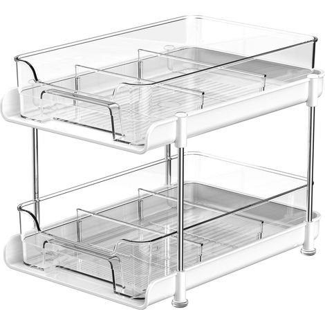 Organiseur 2 Niveaux Sous Évier – Rangement Coulissant Polyvalent, Organisateur de Cuisine et Placard à Épices, Tiroir de Rangement pour Salle de Bain, Soins de la Peau (Blanc) (1/4)