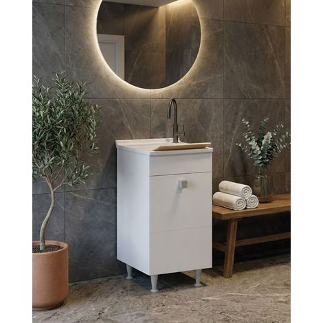 Mobile lavatoio Lina - Con 1 anta e lavatoio - Contenitore salvaspazio per bagno e lavanderia - Bianco - 46 x 89 x 51 cm (1/3)