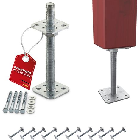 SOTECH Pfostenbeschlag Stützträger Gewinde M24 Stahl feuerverzinkt höhenverstellbar zum Aufschrauben, witterungsbeständig, 80 x 80 x 250 mm - 10 Stück