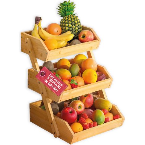 Organizer Multiuso In Legno Di Bambù A 3 Ripiani Per Cucina E Bagno – Struttura Traspirante 30x33x41 Cm – Portata 8kg