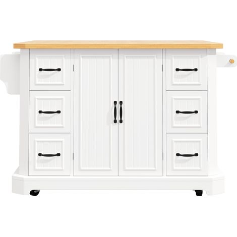 ELVMI Desserte de Cuisine avec 2 Portes, 6 Tiroirs et 5 Roulettes pour Cuisine en MDF et Métal 120 x 45 x 91 cm Blanc (1/5)