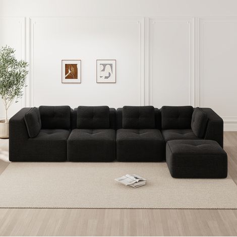 Divano angolare modulare 386x177x69 cm, senza struttura rigida, seduta profonda, tessuto in velluto a coste nero (1/5)