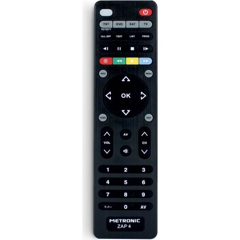Reemplaza en las funciones principales de la mayoria de mandos. Permite controlar 4 aparatos: TV, TDT, SAT y DVD. Programado para controlar la mayoria