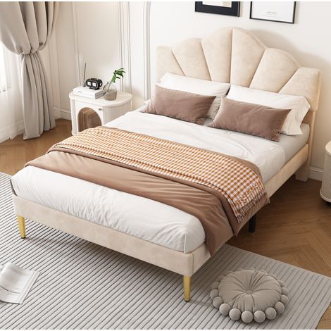 MEUBLIV Lit double rembourré en velours avec tête de lit coquille réglable sommier à lattes rangement sous lit 140 x 200 cm beige pieds dorés (1/5)