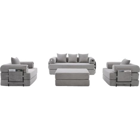 CHICFURN Divano modulare 4 posti 200x190x67 cm in tessuto a coste grigio chiaro con pouf (1/5)