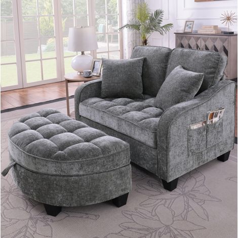 Sofá cama 2 en 1 con puff arcón, tejido transpirable, madera de eucalipto, gris oscuro (1/5)