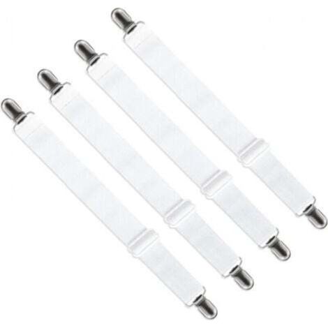 [NEVER USED] Set of 4 Adjustable Fitted Sheet Tensioners (65cm to 200cm), Adjustable Strap Fasteners for Bed Sheets, Sofa Sheets, Ironing Board Covers (White)