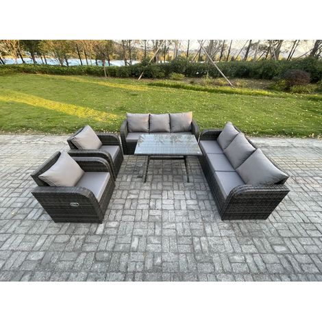 Fimous 8-Sitzer Rattan Gartenmöbel Sofa Set Tisch & Stühle Set mit 3-Sitzer Sofa Rechteckiger Esstisch Dunkelgrau Gemischt (1/5)