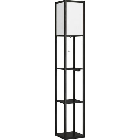 Lámpara de pie LED con estantes, regulable, interruptor de cadena y enchufes, negra (1/4)