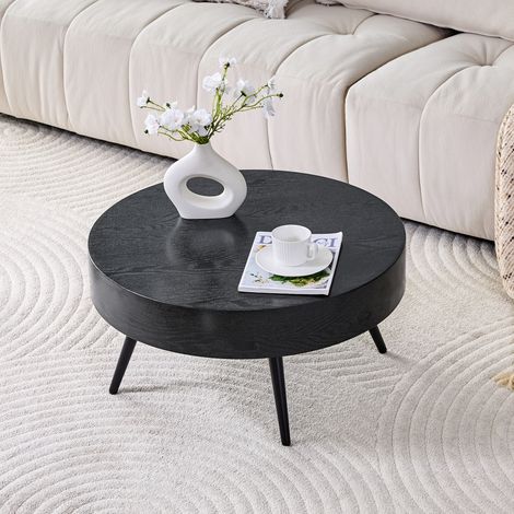 Tavolino da caffè rotondo in MDF nero effetto legno, gambe in metallo, Ø 70 cm (1/5)