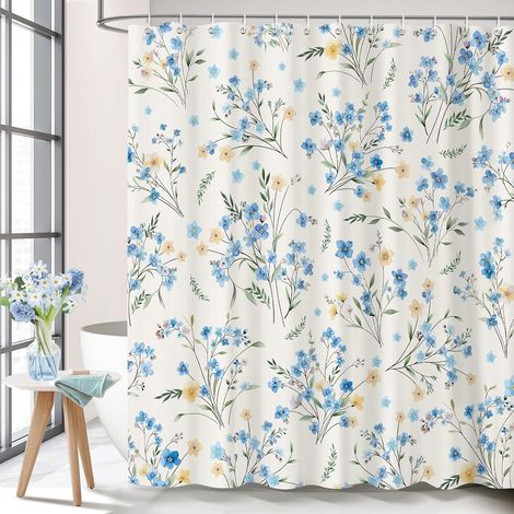 Rideau de Douche Bleu Floral pour Salle de Bain, Bleu Jaune Fleurs Sauvages Rideaux de Baignoire Imperméable Tissu avec 12 Crochets, 180 x 180 cm (1/5)