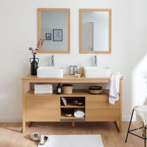 Mob-In – Meuble double vasque chêne 140 cm – 2 portes et étagère ouverte – Label FSC® – Dimensions : 140x50x78 cm – Multi-rangements pratiques