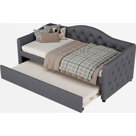 Divano letto 90x200 cm con letto estraibile, letto singolo con rete a doghe, struttura in tessuto e MDF, stile minimalista grigio per piccoli spazi CHICFURN (1/5)