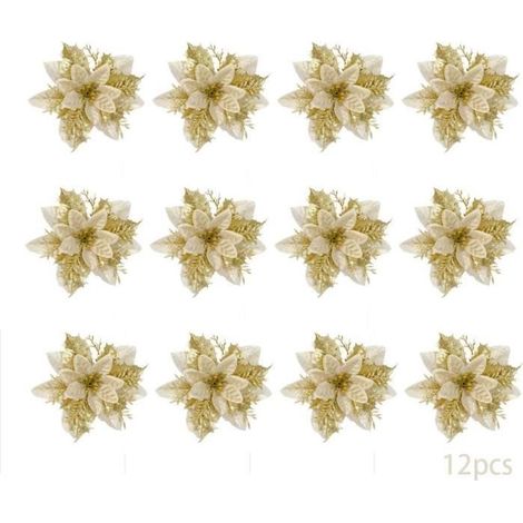 Fleur de Noël artificielle, lot de 12, poinsettia doré, décoration haut de gamme (1/4)