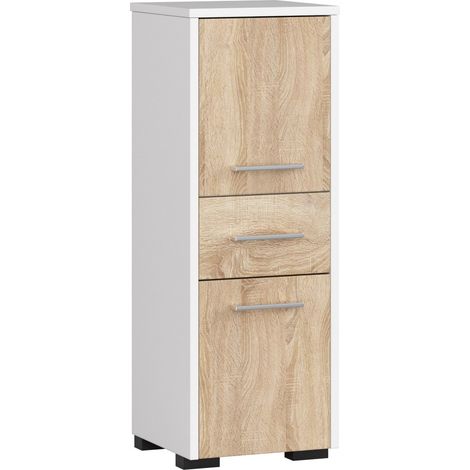 Colonne salle de bains blanche 30 cm – 2 portes – 1 tiroir – Chêne Sonoma – 3 étagères – 30x30x85 cm – Panneau stratifié – Abamihome (1/5)