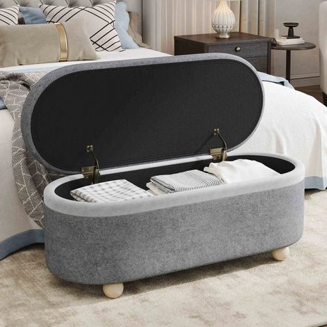 Sitzbank mit Stauraum und weichem Fleece Bezug, Diese vielseitige Truhenbank mit Holzbeinen und öffenbarem Deckel ist ideal für Wohnzimmer, Flur oder Schlafzimmer. Farbe: Grau, Maße: 110 x 41 x 47 cm
