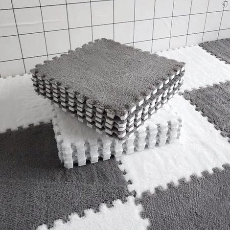 Lot de 10/20 dalles de moquette emboîtables en mousse - Motif puzzle - 30 x 30 cm - Avec bordure - Pour salon et chambre à coucher - Gris + 10 pièces blanches (1/5)